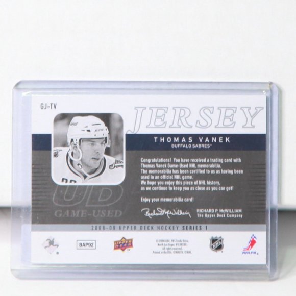Thomas Vanek UD Game-Used Jersey Hockey Card Buffalo Sabres GJ-TV 2008/09 - Picture 2 of 2